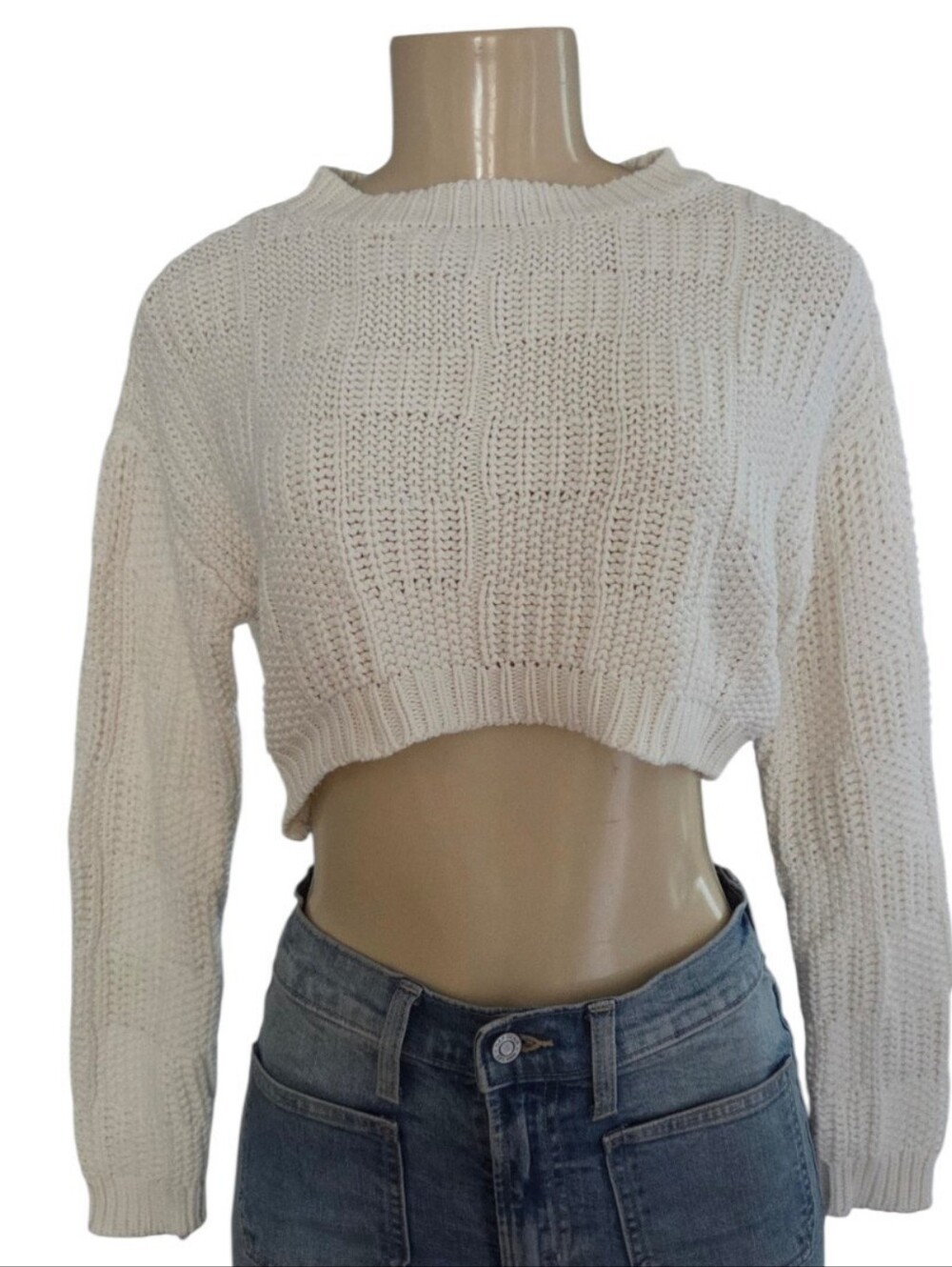 Willow & Wind Womens XS Ivory Cropped Chunky Knit Sweater Cotton Blend Crewneck